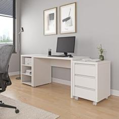 Mesa de Escritório 120cm com Gaveteiro com Rodízio e Prateleiras Ficus Cabecasa Madeiramadeira Branco