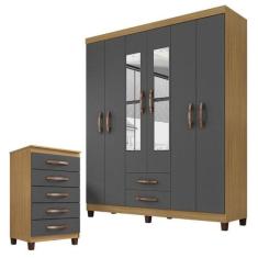 Guarda Roupa Casal Modena Com Cômoda Cannes 5 Gavetas Grafite - Incorp