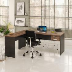 Mesa Para Escritório Em L 1,80x1,60m Tampo E Pés 30mm Com Gaveta Nogal Compreto Ônix