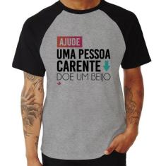 Camiseta Raglan Doe um beijo - Foca na Moda, Cinza, Preto, P
