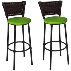 Kit 2 Banquetas Altas Preta com Encosto Junco Argila Assento Verde - F