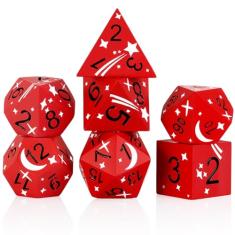 Metal DND Dice Set 7 PCS Role Playing Dice Star&Moon Metallic Polyhedral D&D Dice with Gift Metal Box for Dungeons and Dragon Tabletop Game(Red with White)