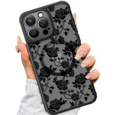 SEXYMOM Capa magnética para iPhone 15 Pro - compatível com carregamento sem fio, capa militar testada contra quedas, lindo design floral para mulheres e meninas, capa de telefone fosca translúcida de