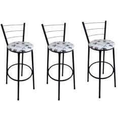 Kit 3 Banquetas Alta Preta com Encosto Assento Branco Floral Jaddi
