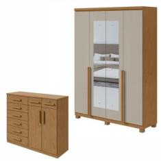 Conjunto Quarto Guarda-Roupa 4 Portas e Cômoda 8 Gavetas MDF Alonzo To