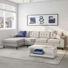 Sofá 4 Lugares Live com Chaise Esquerdo Pé Palito Linho Cotton Cru