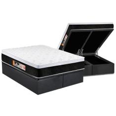 Cama Box Baú Queen: Colchão Espuma D45 Castor Black E White Air Euro Pillow + Base Gray(158X198)