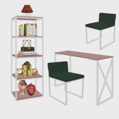 Kit Escritório Bex 2 Cadeiras Suede Verde com 1 Mesa e 1 Livreiro Ferro Branco mdf Rose Rosa - Ahazzo Móveis
