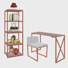 Kit Escritório Bex 1 Cadeira Suede Branco com 1 Mesa e 1 Livreiro Ferro Bronze mdf Rose Rosa - Ahazzo Móveis