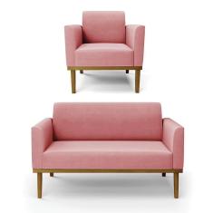 Sofá Namoradeira Com Poltrona Base De Madeira Fixa Castanho Marisa Suede D03 - D?rossi Cor Rose