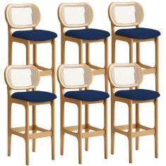 Kit 06 Banquetas Altas Para Cozinha Bancada Sala Tela Betta Fixa L02 Suede Azul Marinho - Lyam