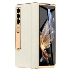 Capa de telefone de couro para Samsung Galaxy Z Fold 5 4 3 Fold4 Fold5 Chapeamento de ouro com dobradiça magnética, capa traseira com filme espelhado, grão de lichia branco, para Galaxy Z Fold 4