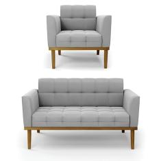 Namoradeira Com Poltrona Base De Madeira Castanho Elisa Suede D03 - D\`rossi Cor Cinza