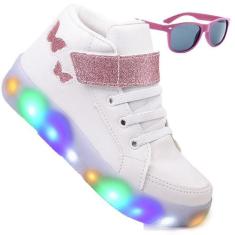 Tenis Botinha Feminino De Led Borboleta Glitter + Oculos - KIDS, Branc