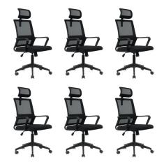 Kit 6 Cadeiras Para Escritório Giratória Presidente Tokyo Com Apoio Cabeça Preto