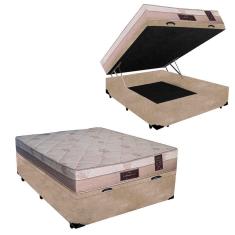 Cama Box Baú Casal Conforto Suede Bege + Colchão Casal Conforto Espuma D33 Com EPS 17x138x188