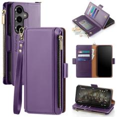 Antsturdy Capa carteira compatível com Samsung Galaxy S24 FE 5G com porta-cartões mulheres homens capa protetora de couro PU bloqueio RFID alça de pulso zíper compartimentos para cartão de crédito