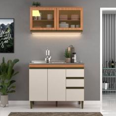 Cozinha Compacta Cecília 4 Portas 3 Gavetas com Vidro Freijó/Off White - Jcarvalho