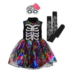 IKALI Fantasia de esqueleto para meninas vestido colorido de fantasia de aranha com máscara floral para os olhos e leggings de teia de aranha, macacão de ossos coloridos para festa de Halloween conjunto de fantasias para crianças