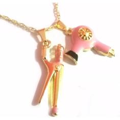 Cordão Colar Cabeleireira Chapinha Secador Rosa Folheado 18k