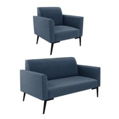 Sofá Namoradeira com Poltrona Pés Villach Marisa Suede Azul Marinho - 