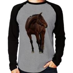 Camiseta Raglan Cavalo Andaluz Manga Longa - Foca na Moda, Cinza, Pret