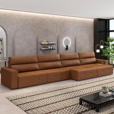 Sofá Retrátil 6 Lugares 364cm Nero USB Couro Caramelo Manchado G52 - Gran Belo