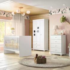 Quarto de Bebê Completo 100% MDF com Guarda Roupa 3 Portas, Cômoda e Berço Life Espresso Móveis Branco