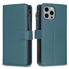Capa com alça de pulso para iPhone 15 Pro Max, 9 compartimentos para cartão, 1 carteira de couro com zíper, suporte flip fecho magnético, capa para celular compatível com iPhone 15 Pro Max 5G 6,7