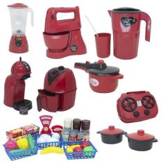 Kit Cozinha Brinquedo Vermelho Mercado Fogão Air Fryer 44pç - Altimar
