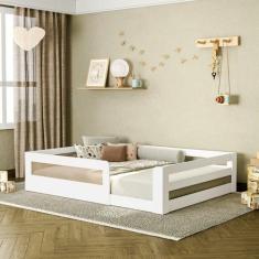 Cama Montessoriana Infantil Space Casal com Rattan e Grade de Seguranç