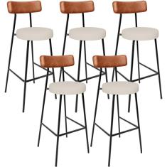 Kit 05 Banquetas Alta Bar Cozinha Sala De Jantar Milão L02 Couríssimo Camel Linho Cru - Lyam Decor