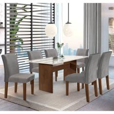 Conjunto Sala de Jantar Mesa 160x80cm Tampo MDF/Vidro com 6 Cadeiras Espanha Yescasa Chocolate/Suede Cinza