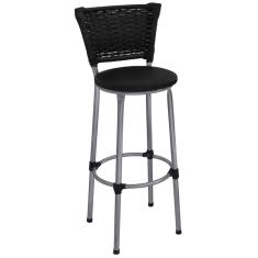 Banqueta Alta Prata com Encosto Junco Preto Assento Preto