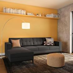 Sofá 4 Lugares Life com Chaise Esquerdo Pés e Base em Madeira Linho Cotton Grafite