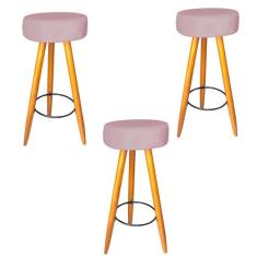 Kit 03 Banqueta Alta Flora Pés Palito em Madeira Caramelo  Bar Bistrô 