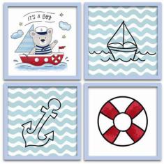 Conjunto Quadros Decorativos Infantil 4 pçs 20x20 Marinheiro - SHD  So