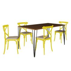 Conjunto De Mesa Elen Retangular Tampo De Madeira 140X80Cm Amêndoa Com 4 Cadeiras Katrina Amarela
