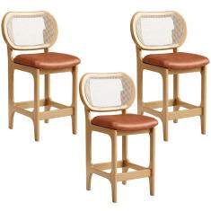 Kit 3 Banquetas Baixa Bar Cozinha Sala De Jantar Betta L02 Tela Couríssimo Camel - Lyam Decor