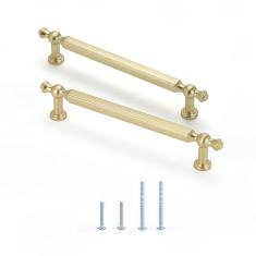 Sunlithor Puxador retrô de latão para móveis de cozinha, puxador de gaveta, puxador vintage, comprimento de sobreposição de 12,7 cm, 9,7 cm de centro a centro.