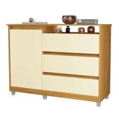 Cômoda Sky 3 Gavetas e 1 Porta - Mel/Pérola - Primus - Móveis Primus