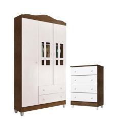 Cômoda Gaveteiro e Guarda Roupa Ariel Branco Acetinado Amadeirado - Ca