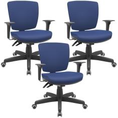 Kit 03 Cadeiras De Escritório Executiva Office Giratória Preto Baixa Flexi P03 Vinil Azul - Lyam