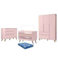 Dormitório Melinda Guarda Roupa, Cômoda e Berço Retrô Rosê Acetinado c