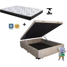 Cama Baú Casal Bege Suede + Colchão Espuma D28 138x188x8