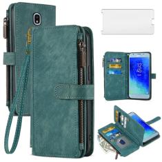 Asuwish Capa de telefone para Samsung Galaxy J3 Orbit J 3 Star 2018 3J Achieve capa carteira e protetor de tela de vidro temperado couro flip porta-cartão celular J3V V 3ª geração SM J337A J337V J337