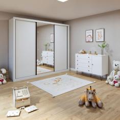 Quarto Infantil Guarda-Roupa com Espelho 3 Portas Marcella com Cômoda 1 Porta 4 Gavetas Aurora Branco