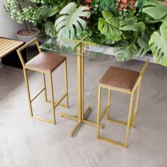 Jogo Mesa Alta Bistrô Quadrada Vidro 2 Banquetas Estofado Confort Indu