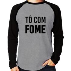 Camiseta Raglan Tô com fome Manga Longa - Foca na Moda, Cinza, Preto, 