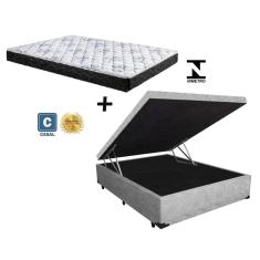 Cama Box Baú Casal Conforto Suede Cinza + Colchão Casal Conforto Espuma D23 Com EPS 24x138x188